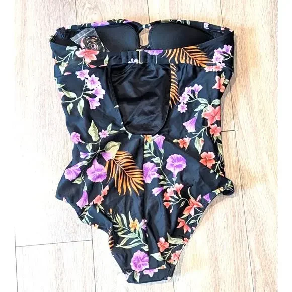 NWOT Shade & Shore Swimsuit Large Center Ring Tummy Control Floral Black Bandeau - Picture 3 of 7